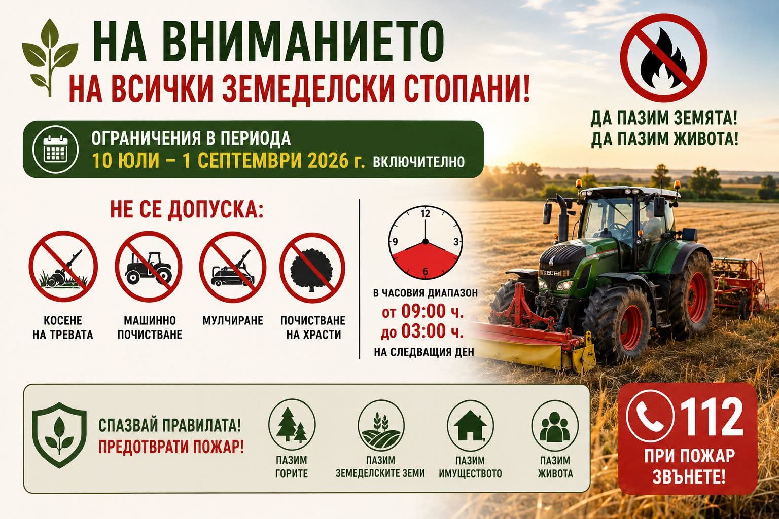 Община Хисаря: Забранява се косенето през деня заради опасността от пожари