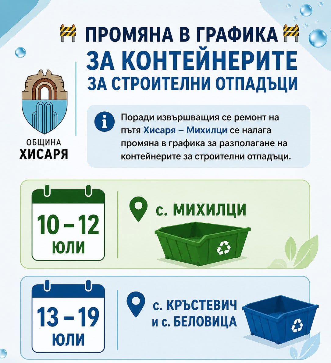 Променят графика за контейнерите за строителни отпадъци заради ремонта на пътя Хисаря – Михилци
