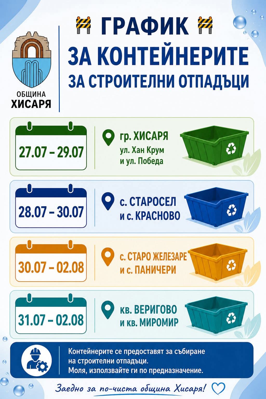Контейнерите за строителни отпадъци отново тръгват по населените места в Община Хисаря